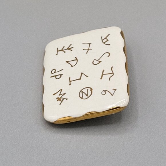 Vintage Ceramic Enamel Brooch With Ancient Symbol Design & Gold Tone Trim - Picture 2 of 7